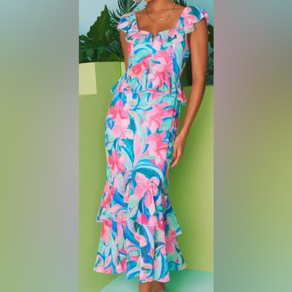 Show Me Your MuMu Reese Ruffle Midi Hibiscus Punch Dress